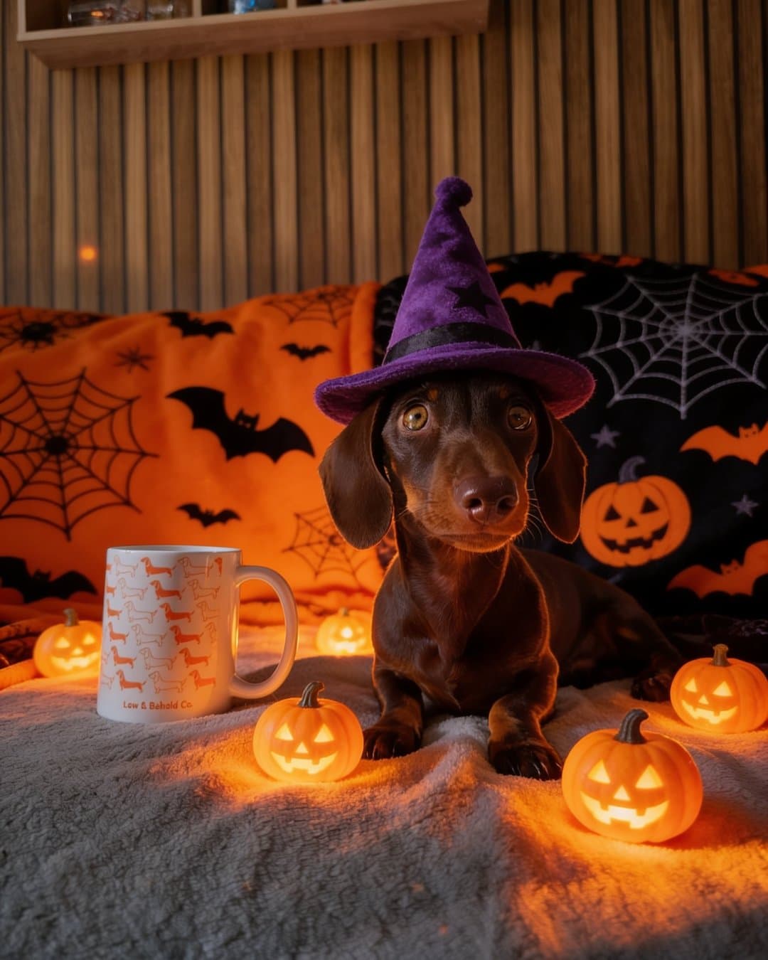 A dachshund in a witch hat beside a Low & Behold mug in a Halloween scene